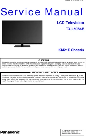 Panasonic tx l50b6e service manual cover with photo of the television, TV type, chassis code, model code, creation date and document number