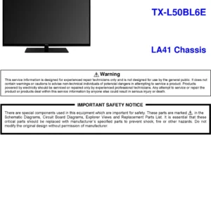 Panasonic tx l50bl6e service manual cover with photo of the television, TV type, chassis code, model code, creation date and document number