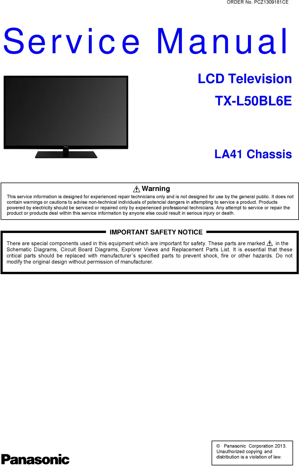 Panasonic tx l50bl6e service manual cover with photo of the television, TV type, chassis code, model code, creation date and document number