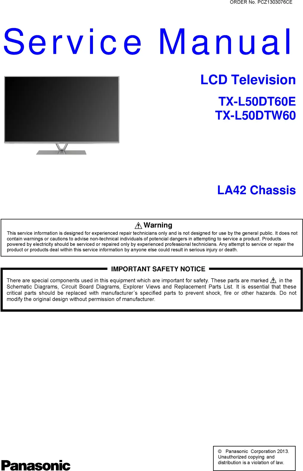 Panasonic tx l50dt60e service manual cover with photo of the television, TV type, chassis code, model code, creation date and document number