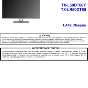 Panasonic tx l50dt60y lr50dt60 service manual cover with photo of the television, TV type, chassis code, model code, creation date and document number