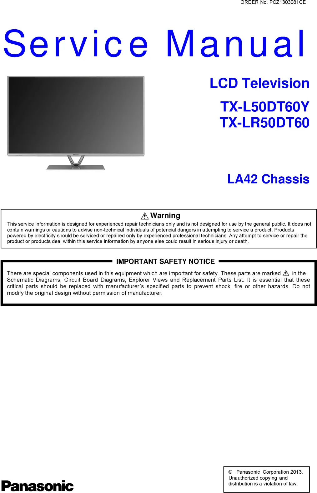 Panasonic tx l50dt60y lr50dt60 service manual cover with photo of the television, TV type, chassis code, model code, creation date and document number
