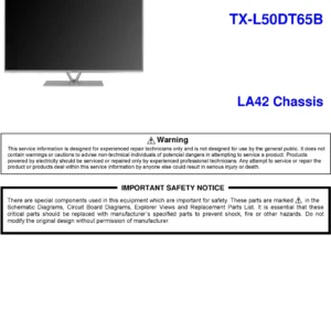 Panasonic tx l50dt65b service manual cover with photo of the television, TV type, chassis code, model code, creation date and document number