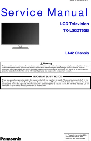 Panasonic tx l50dt65b service manual cover with photo of the television, TV type, chassis code, model code, creation date and document number