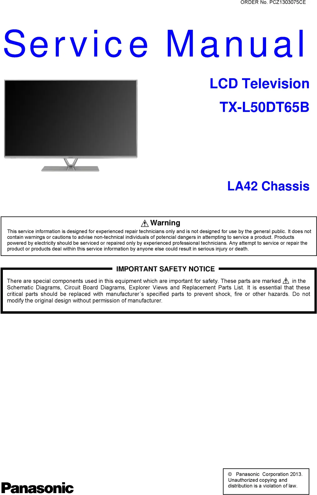 Panasonic tx l50dt65b service manual cover with photo of the television, TV type, chassis code, model code, creation date and document number