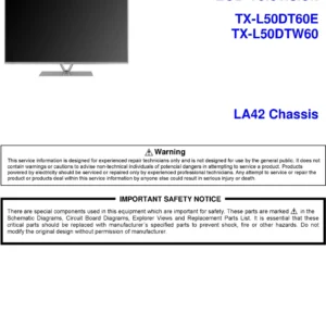 Panasonic tx l50dtw60 service manual cover with photo of the television, TV type, chassis code, model code, creation date and document number