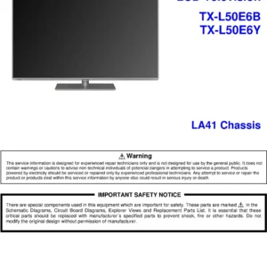 Panasonic tx l50e6b service manual cover with photo of the television, TV type, chassis code, model code, creation date and document number