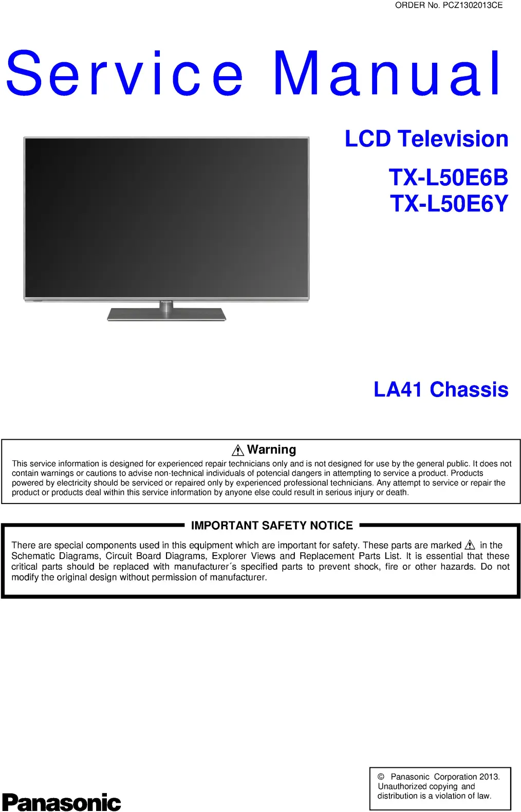 Panasonic tx l50e6b service manual cover with photo of the television, TV type, chassis code, model code, creation date and document number