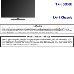 Panasonic tx l50e6e service manual cover with photo of the television, TV type, chassis code, model code, creation date and document number