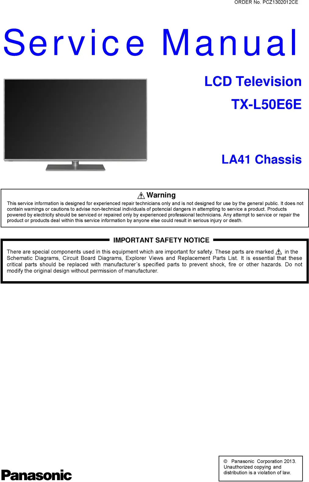 Panasonic tx l50e6e service manual cover with photo of the television, TV type, chassis code, model code, creation date and document number