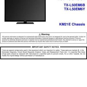 Panasonic tx l50em6b service manual cover with photo of the television, TV type, chassis code, model code, creation date and document number