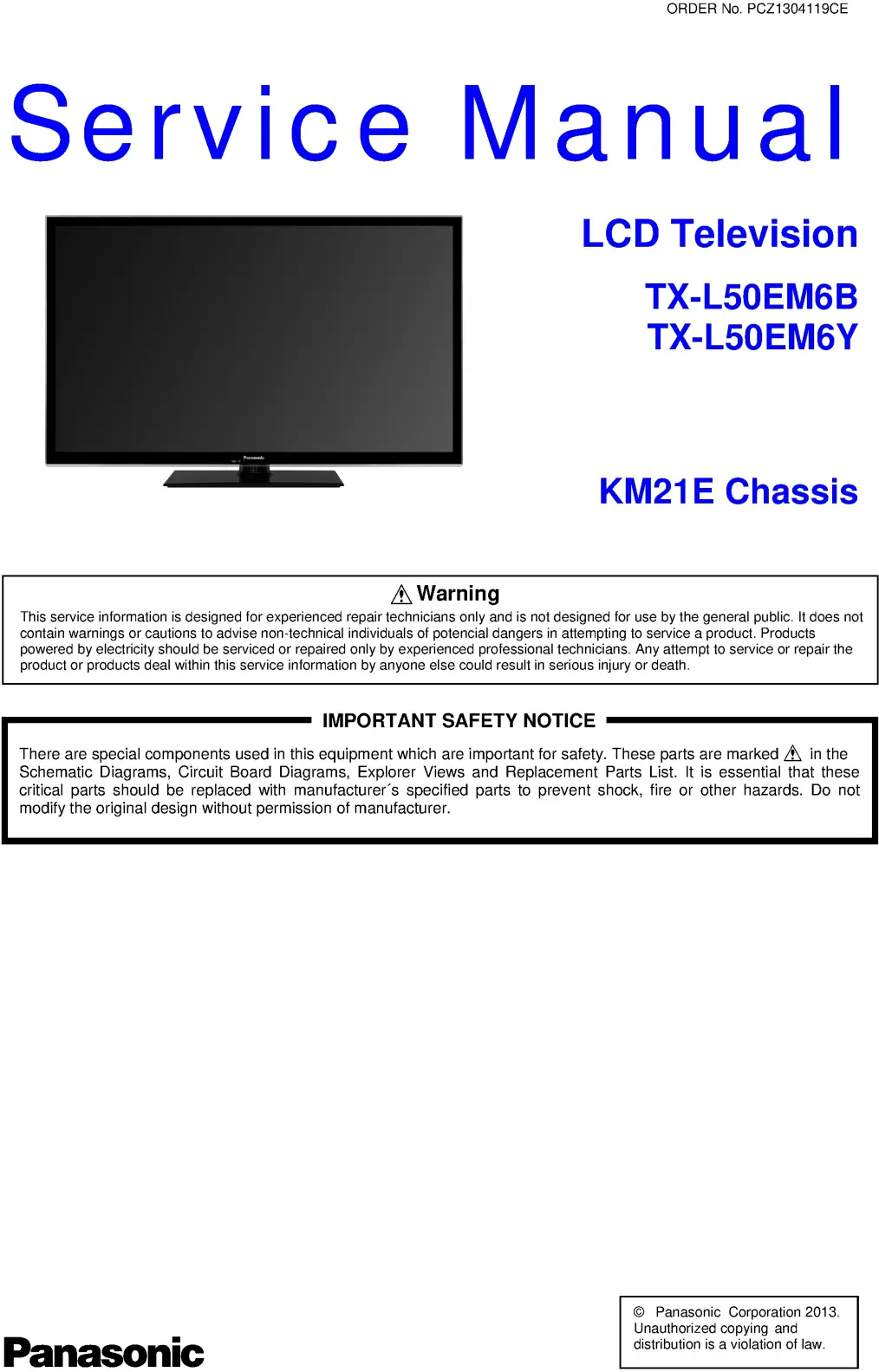 Panasonic tx l50em6b service manual cover with photo of the television, TV type, chassis code, model code, creation date and document number