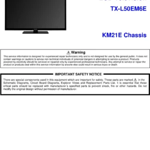 Panasonic tx l50em6e service manual cover with photo of the television, TV type, chassis code, model code, creation date and document number