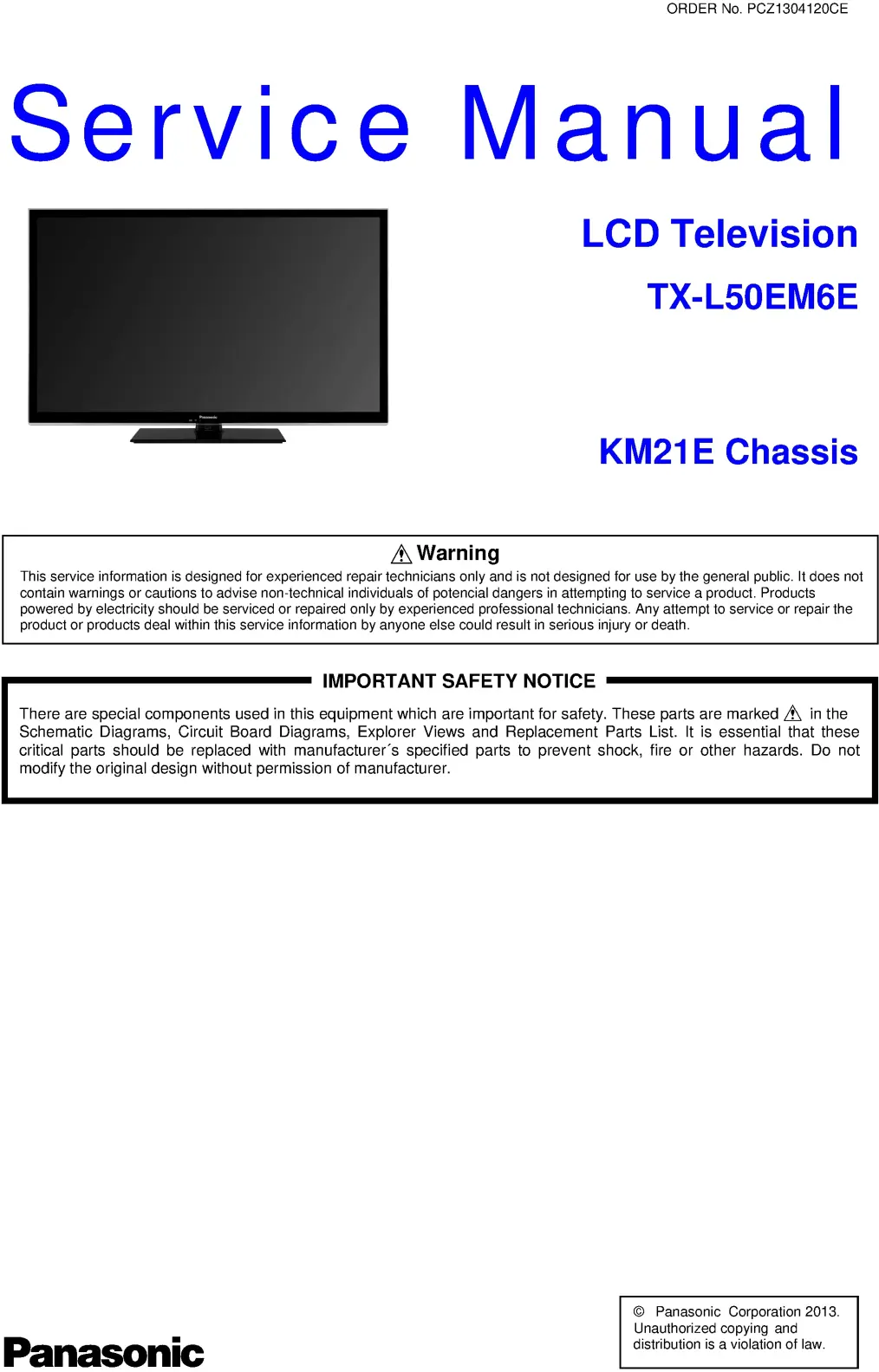Panasonic tx l50em6e service manual cover with photo of the television, TV type, chassis code, model code, creation date and document number
