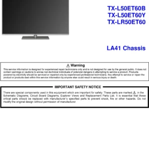 Panasonic tx l50et60b service manual cover with photo of the television, TV type, chassis code, model code, creation date and document number