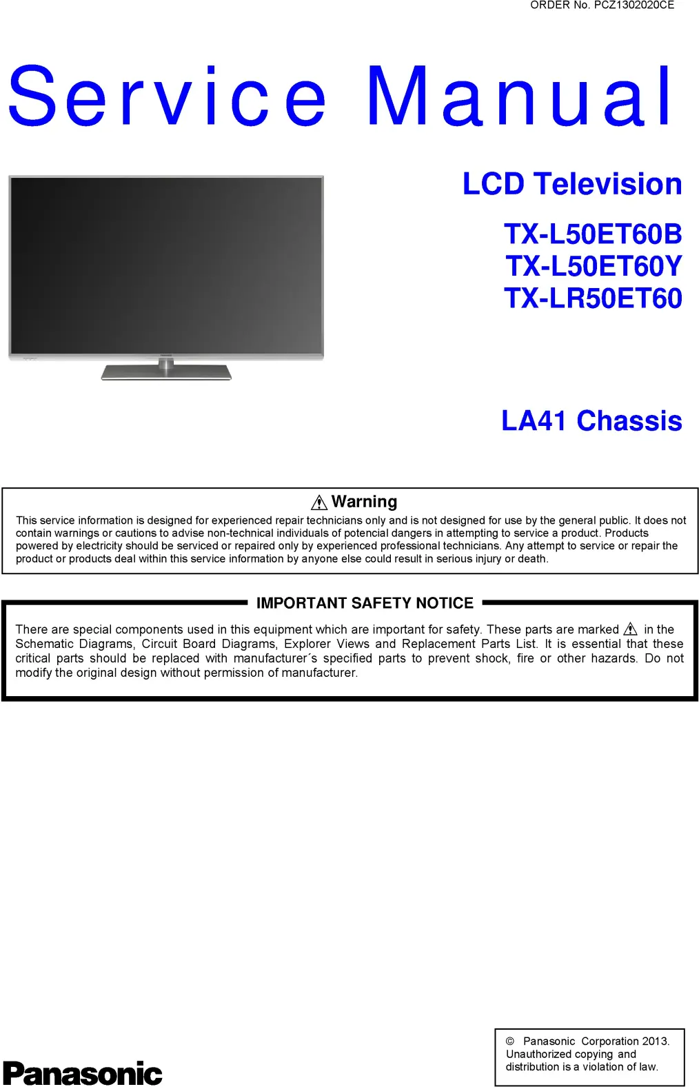 Panasonic tx l50et60b service manual cover with photo of the television, TV type, chassis code, model code, creation date and document number