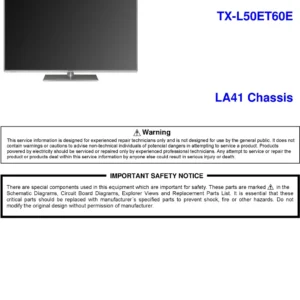 Panasonic tx l50et60e service manual cover with photo of the television, TV type, chassis code, model code, creation date and document number
