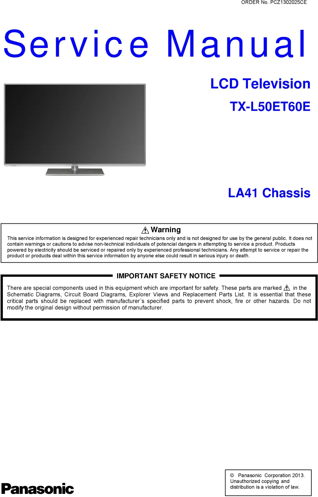 Panasonic tx l50et60e service manual cover with photo of the television, TV type, chassis code, model code, creation date and document number