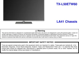 Panasonic tx l50etw60 service manual cover with photo of the television, TV type, chassis code, model code, creation date and document number