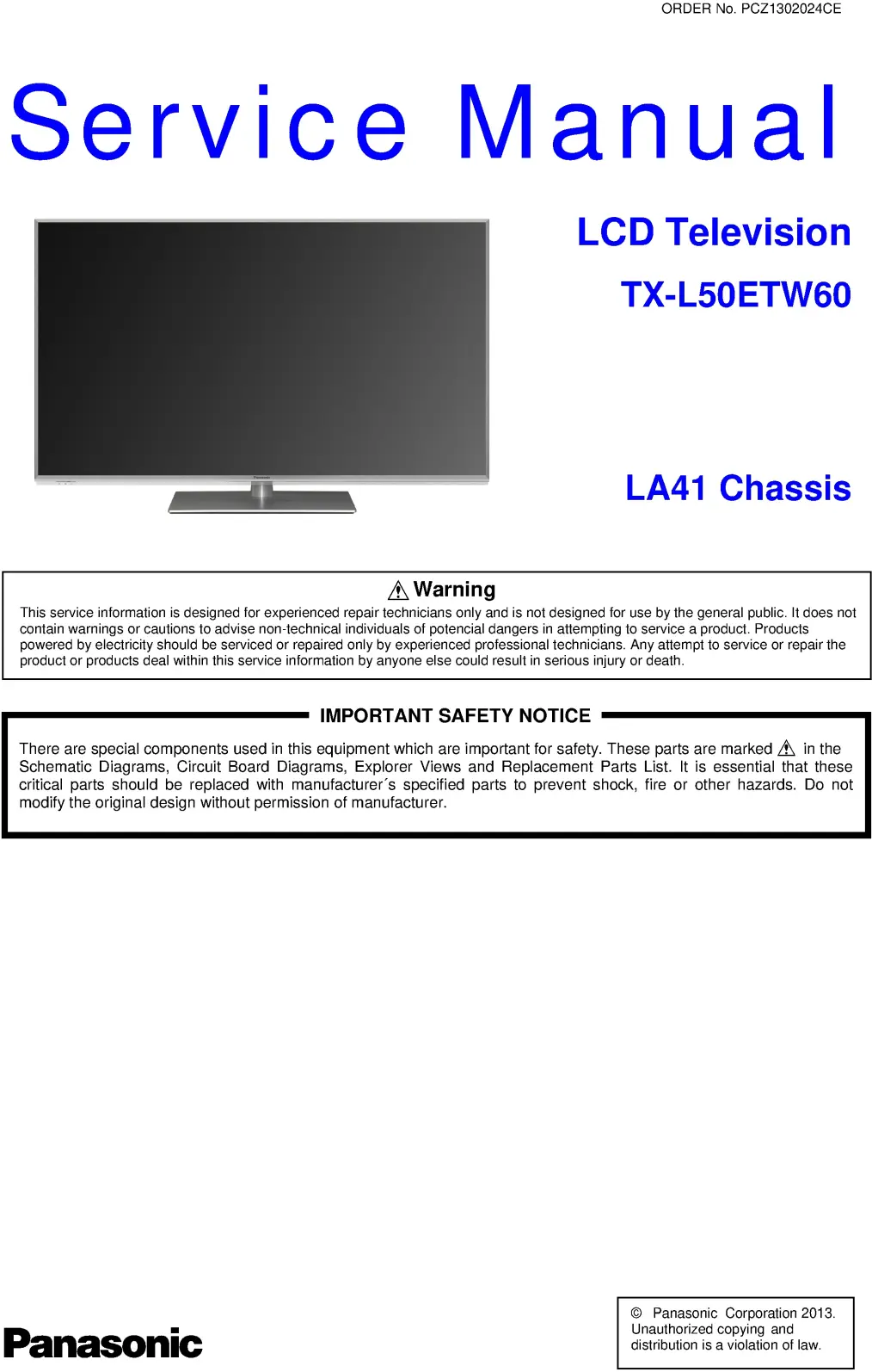 Panasonic tx l50etw60 service manual cover with photo of the television, TV type, chassis code, model code, creation date and document number