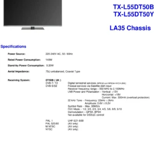 Panasonic tx l55dt50b service manual cover with photo of the television, TV type, chassis code, model code, creation date and document number