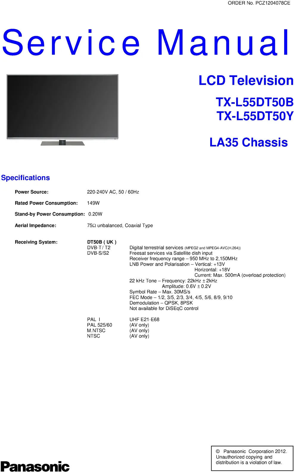 Panasonic tx l55dt50b service manual cover with photo of the television, TV type, chassis code, model code, creation date and document number