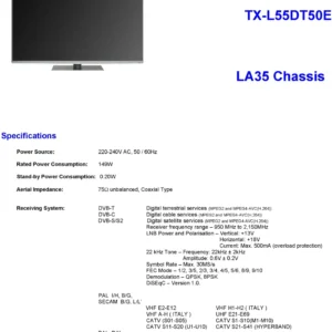 Panasonic tx l55dt50e service manual cover with photo of the television, TV type, chassis code, model code, creation date and document number