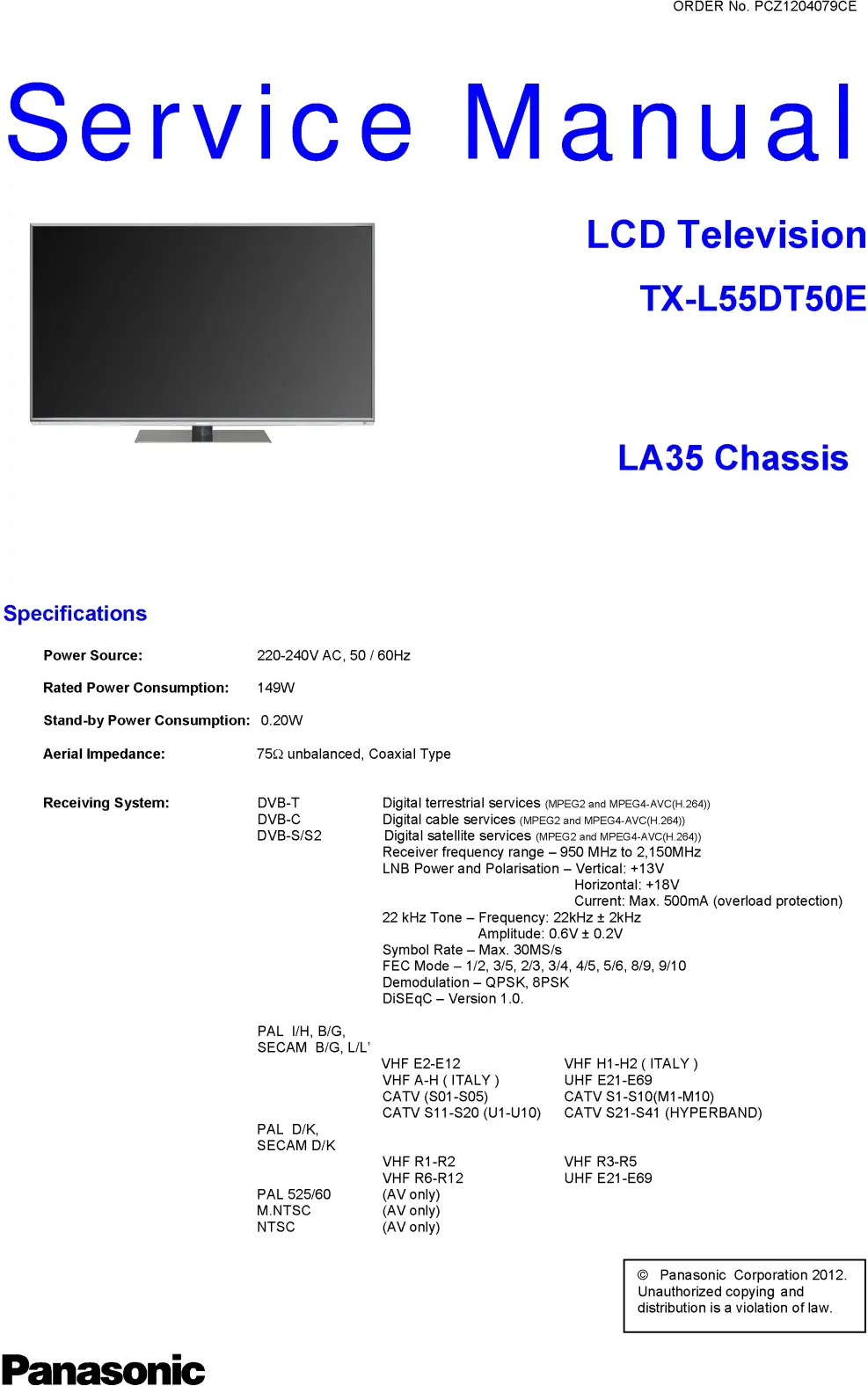 Panasonic tx l55dt50e service manual cover with photo of the television, TV type, chassis code, model code, creation date and document number