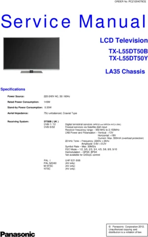 Panasonic tx l55dt50y service manual cover with photo of the television, TV type, chassis code, model code, creation date and document number