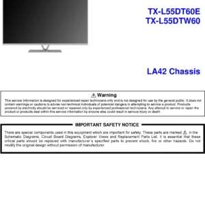 Panasonic tx l55dt60e l55dtw60 service manual cover with photo of the television, TV type, chassis code, model code, creation date and document number