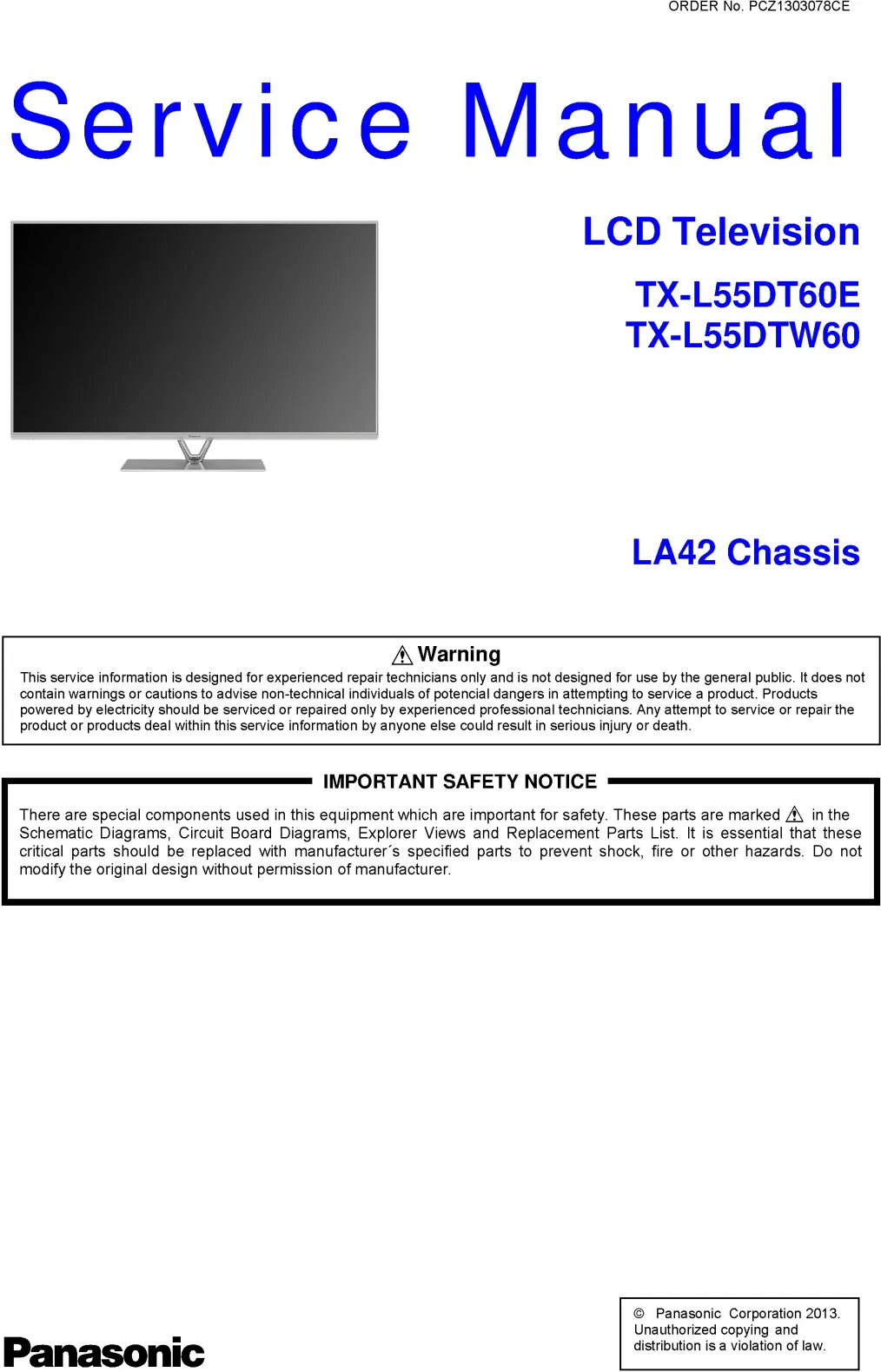 Panasonic tx l55dt60e l55dtw60 service manual cover with photo of the television, TV type, chassis code, model code, creation date and document number