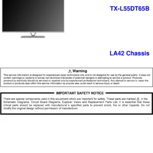 Panasonic tx l55dt65b service manual cover with photo of the television, TV type, chassis code, model code, creation date and document number