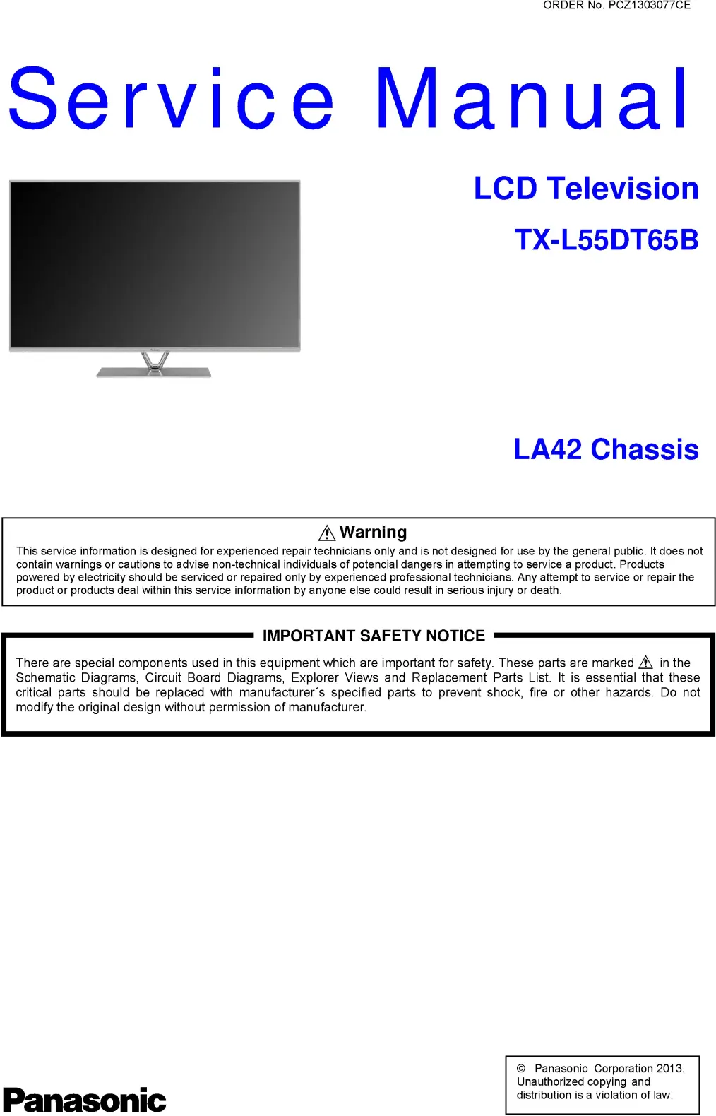Panasonic tx l55dt65b service manual cover with photo of the television, TV type, chassis code, model code, creation date and document number