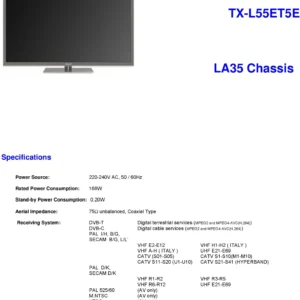 Panasonic tx l55et5e service manual cover with photo of the television, TV type, chassis code, model code, creation date and document number