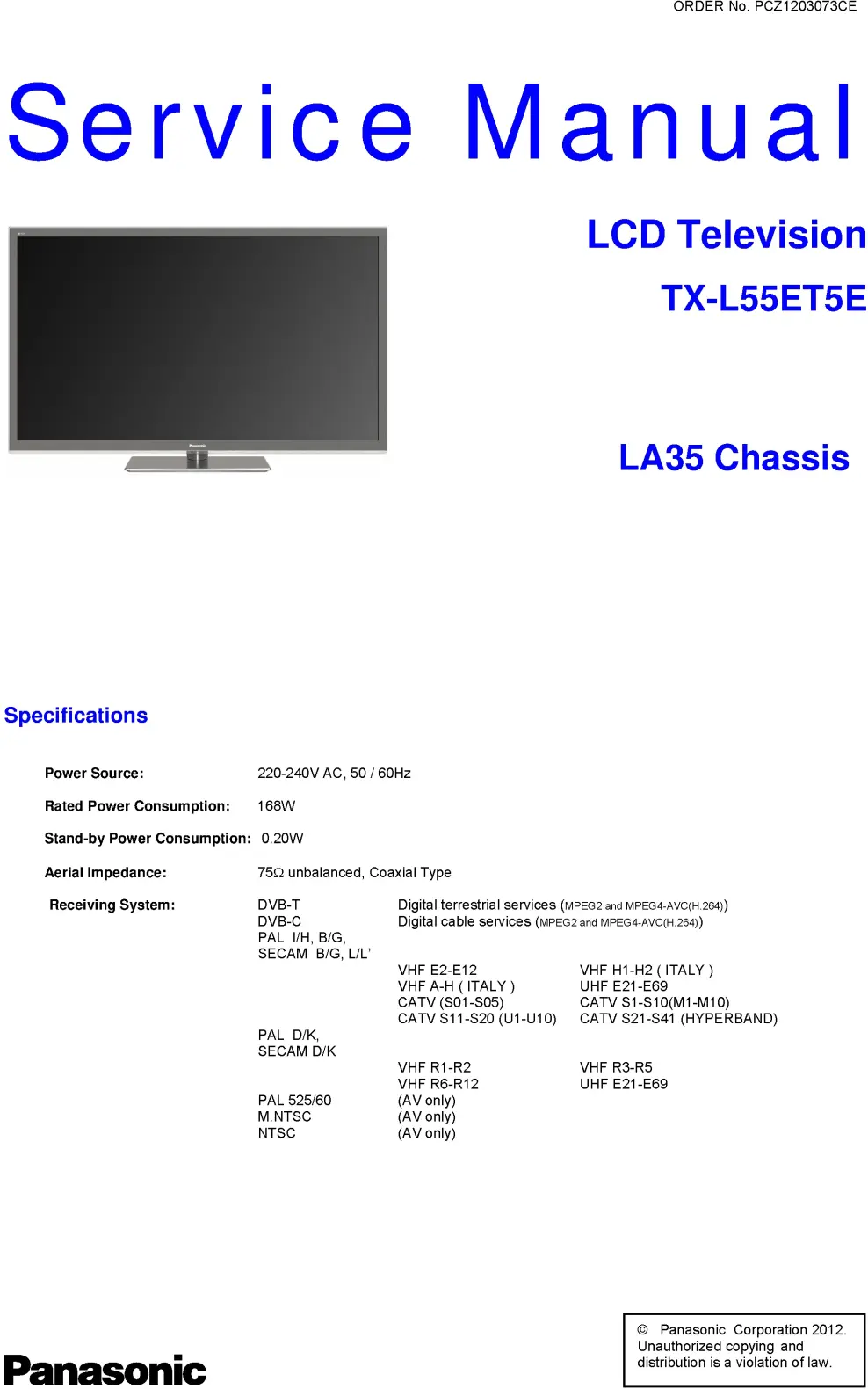 Panasonic tx l55et5e service manual cover with photo of the television, TV type, chassis code, model code, creation date and document number