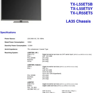 Panasonic tx l55et5y service manual cover with photo of the television, TV type, chassis code, model code, creation date and document number