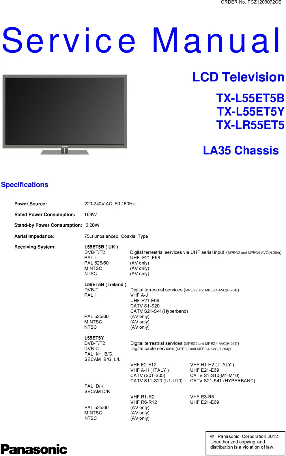 Panasonic tx l55et5y service manual cover with photo of the television, TV type, chassis code, model code, creation date and document number