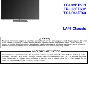 Panasonic tx l55et60b service manual cover with photo of the television, TV type, chassis code, model code, creation date and document number