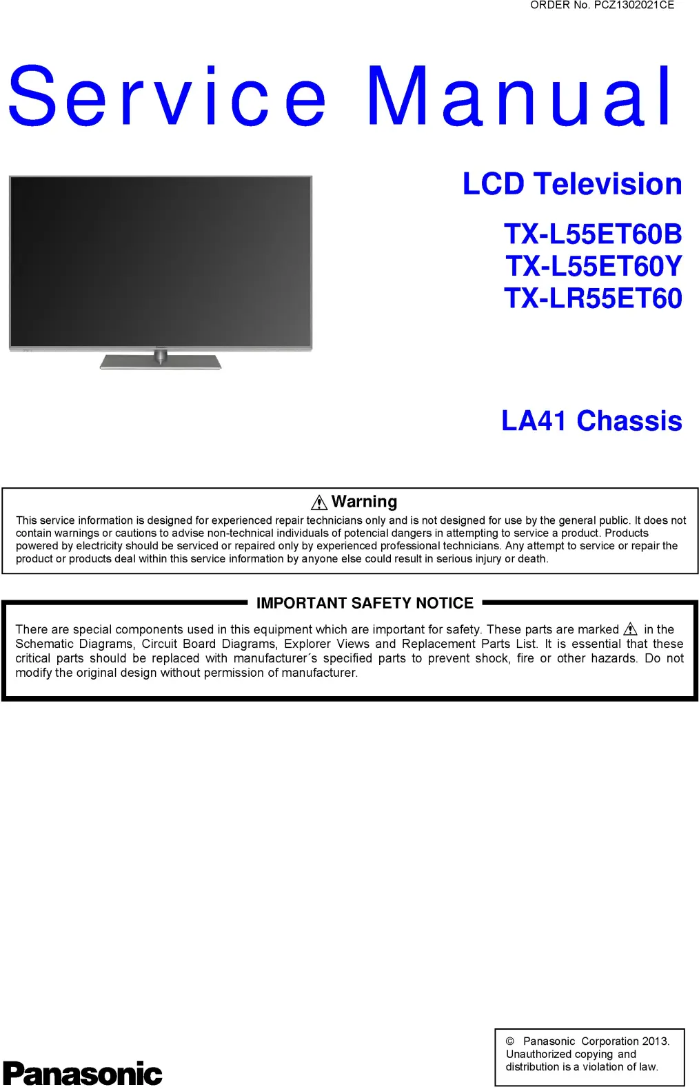 Panasonic tx l55et60b service manual cover with photo of the television, TV type, chassis code, model code, creation date and document number