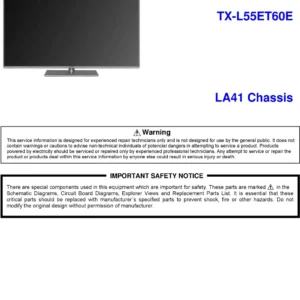 Panasonic tx l55et60e service manual cover with photo of the television, TV type, chassis code, model code, creation date and document number