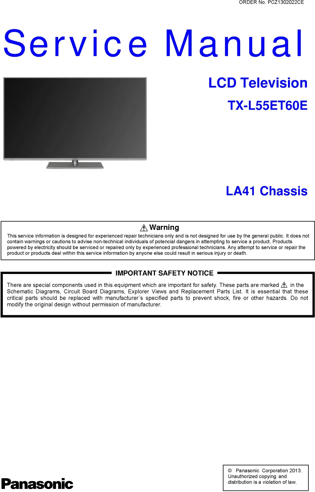 Panasonic tx l55et60e service manual cover with photo of the television, TV type, chassis code, model code, creation date and document number