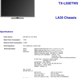 Panasonic tx l55etw5 service manual cover with photo of the television, TV type, chassis code, model code, creation date and document number