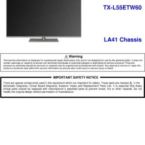 Panasonic tx l55etw60 service manual cover with photo of the television, TV type, chassis code, model code, creation date and document number