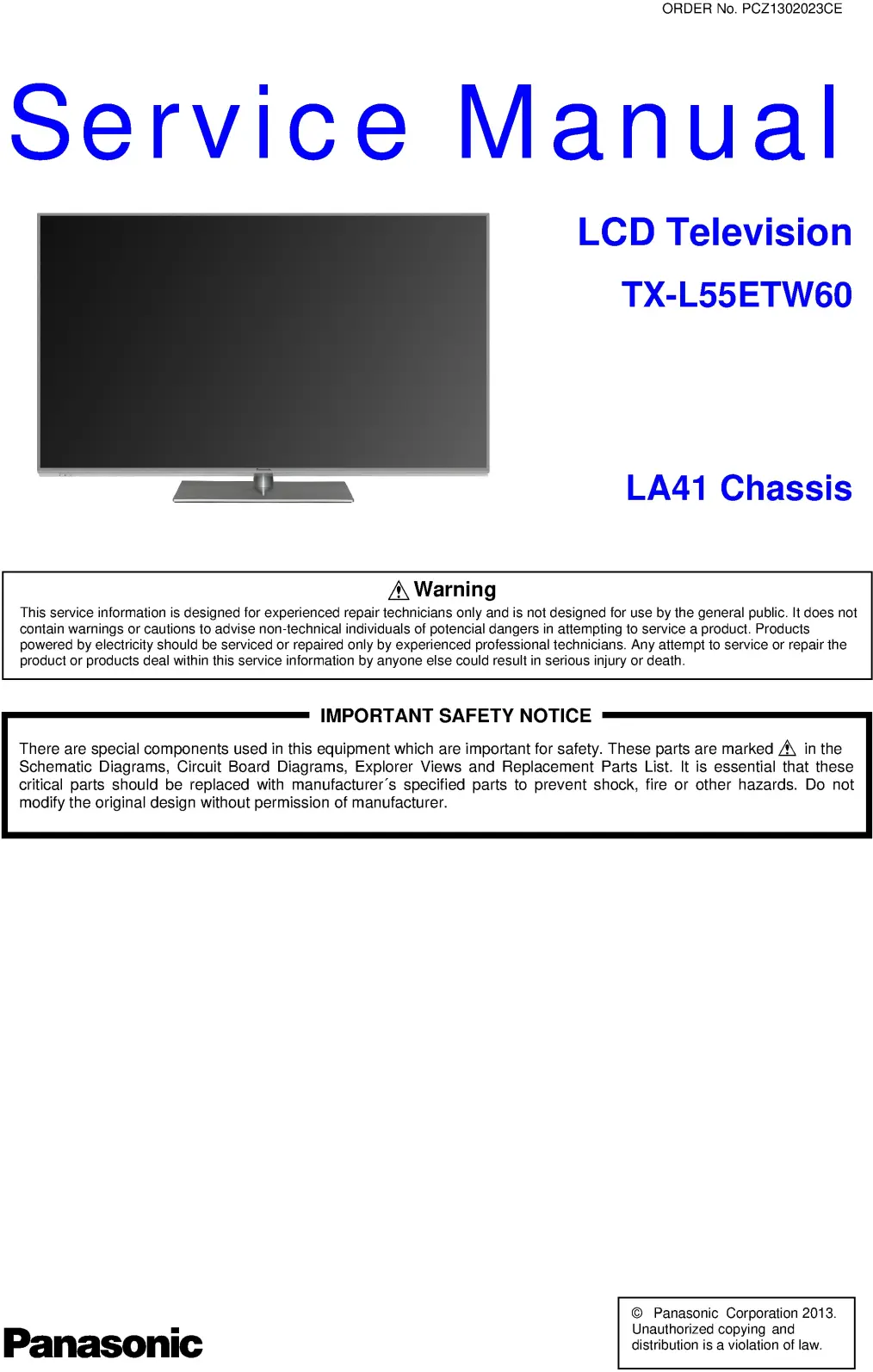 Panasonic tx l55etw60 service manual cover with photo of the television, TV type, chassis code, model code, creation date and document number