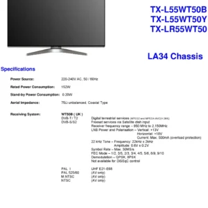 Panasonic tx l55wt50b service manual cover with photo of the television, TV type, chassis code, model code, creation date and document number