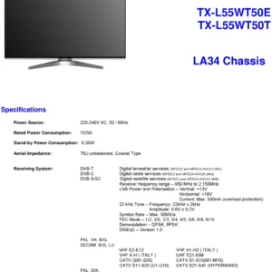 Panasonic tx l55wt50t service manual cover with photo of the television, TV type, chassis code, model code, creation date and document number