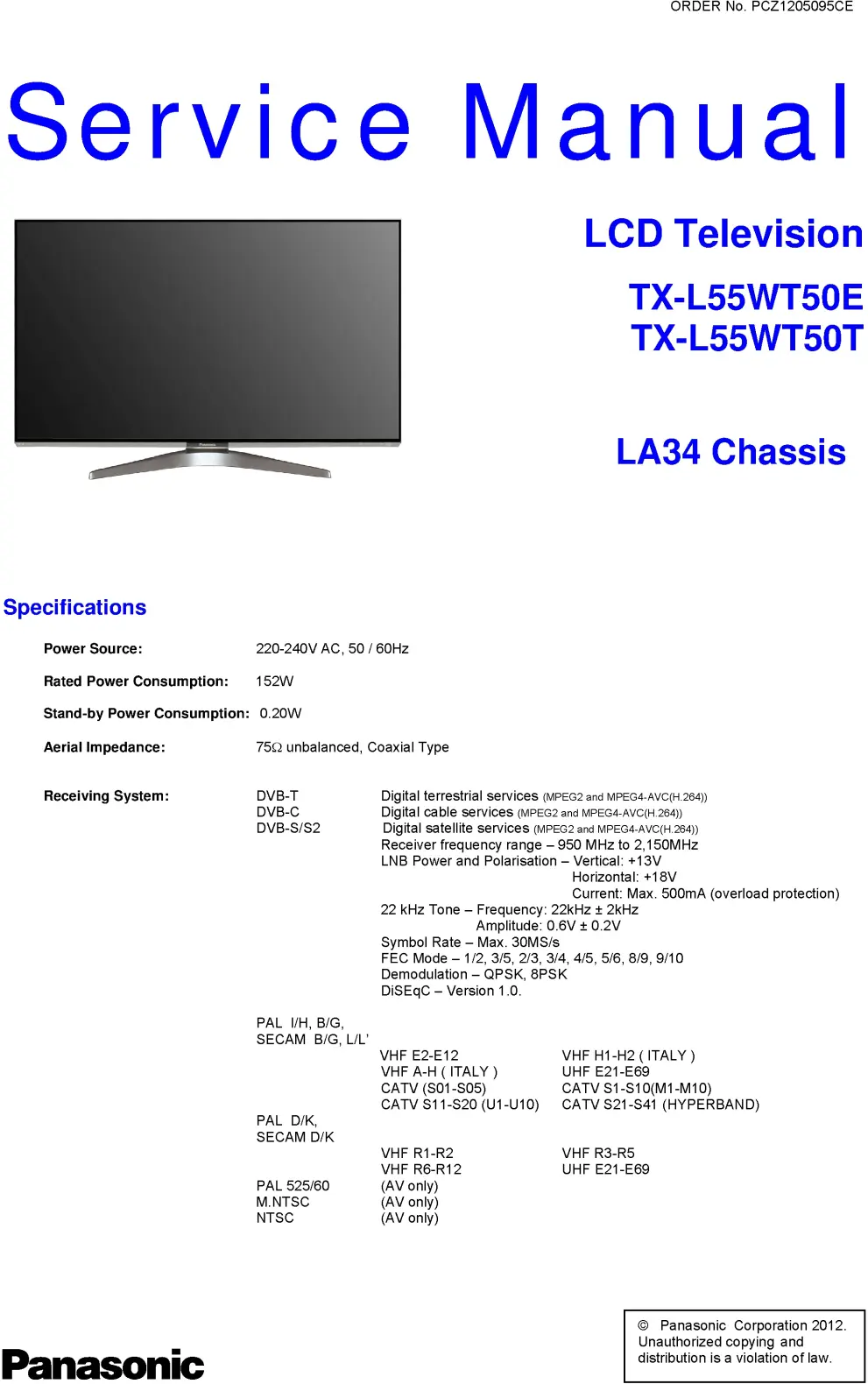 Panasonic tx l55wt50t service manual cover with photo of the television, TV type, chassis code, model code, creation date and document number