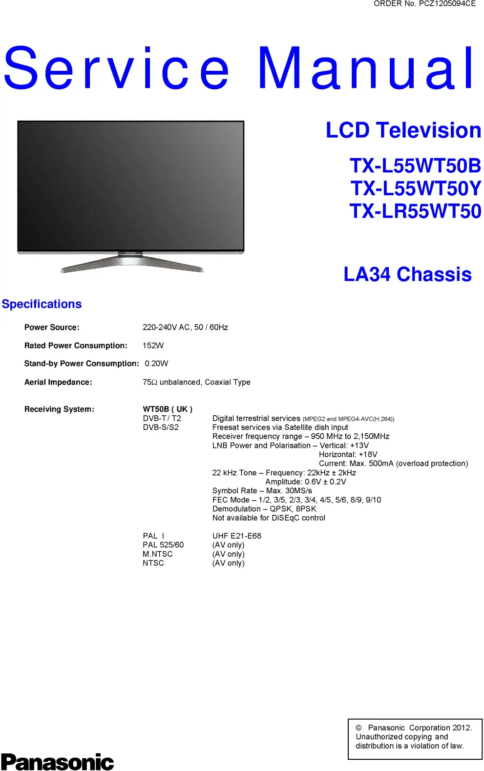 Panasonic tx l55wt50y service manual cover with photo of the television, TV type, chassis code, model code, creation date and document number