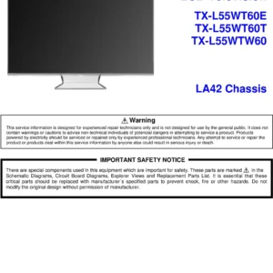 Panasonic tx l55wt60e service manual cover with photo of the television, TV type, chassis code, model code, creation date and document number