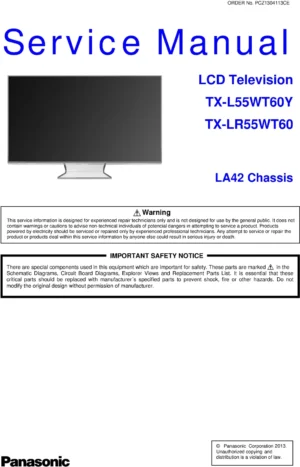 Panasonic tx l55wt60y lr55wt60 service manual cover with photo of the television, TV type, chassis code, model code, creation date and document number
